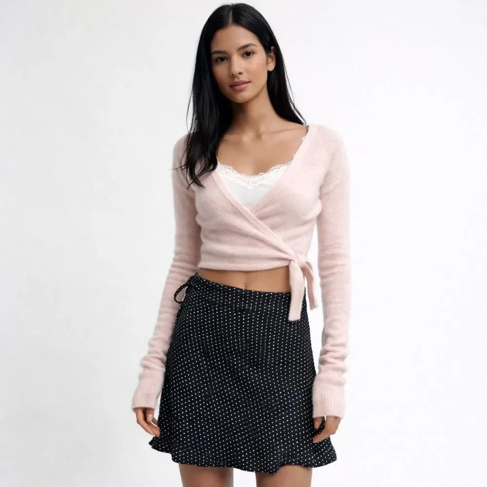 Brandy Melville Genevieve Wrap Skirt Black Polka Dot Size 3 Y2K Mini Balletcore